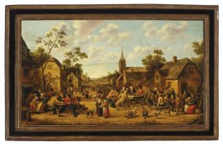 Joost Cornelisz. Droochsloot - A Village Scene With Peasants Feasting And Conversing