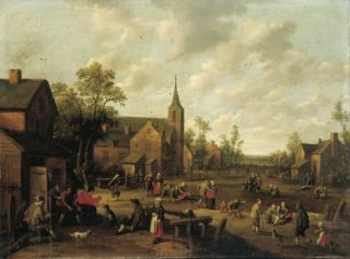 Joost Cornelisz. Droochsloot - A village scene with peasants playing and conversing