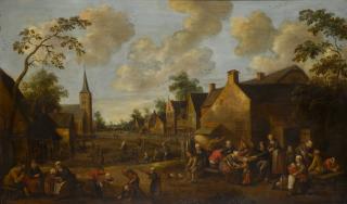 Joost Cornelisz. Droochsloot - A Village Street Scene With Children Playing In The Foreground And Figures Drinking Outside An Inn