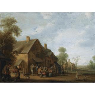 Joost Cornelisz. Droochsloot - A Village Street With A Group Of Peasants Seated Outside An Inn, A Boy Playing With A Dog In The Foreground