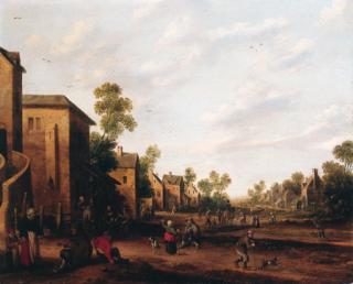 Joost Cornelisz. Droochsloot - A village street with boors smoking and drinking outside an inn, beggars and travellers beyond