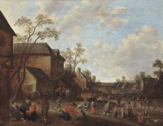 Joost Cornelisz Droochsloot - A Village With Figures Conversing And Playing Games