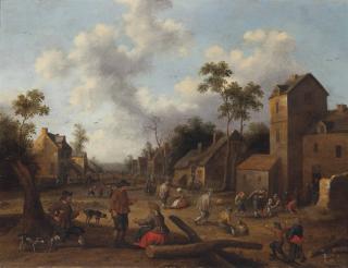 Joost Cornelisz. Droochsloot - A village with figures conversing and playing games