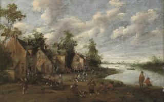 Joost Cornelisz. Droochsloot - A village with figures outside an inn, a church beyond; and A riverside village with fishermen and figures conversing