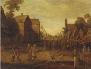 Joost Cornelisz. Droochsloot - A village with peasants gathered around a speaker