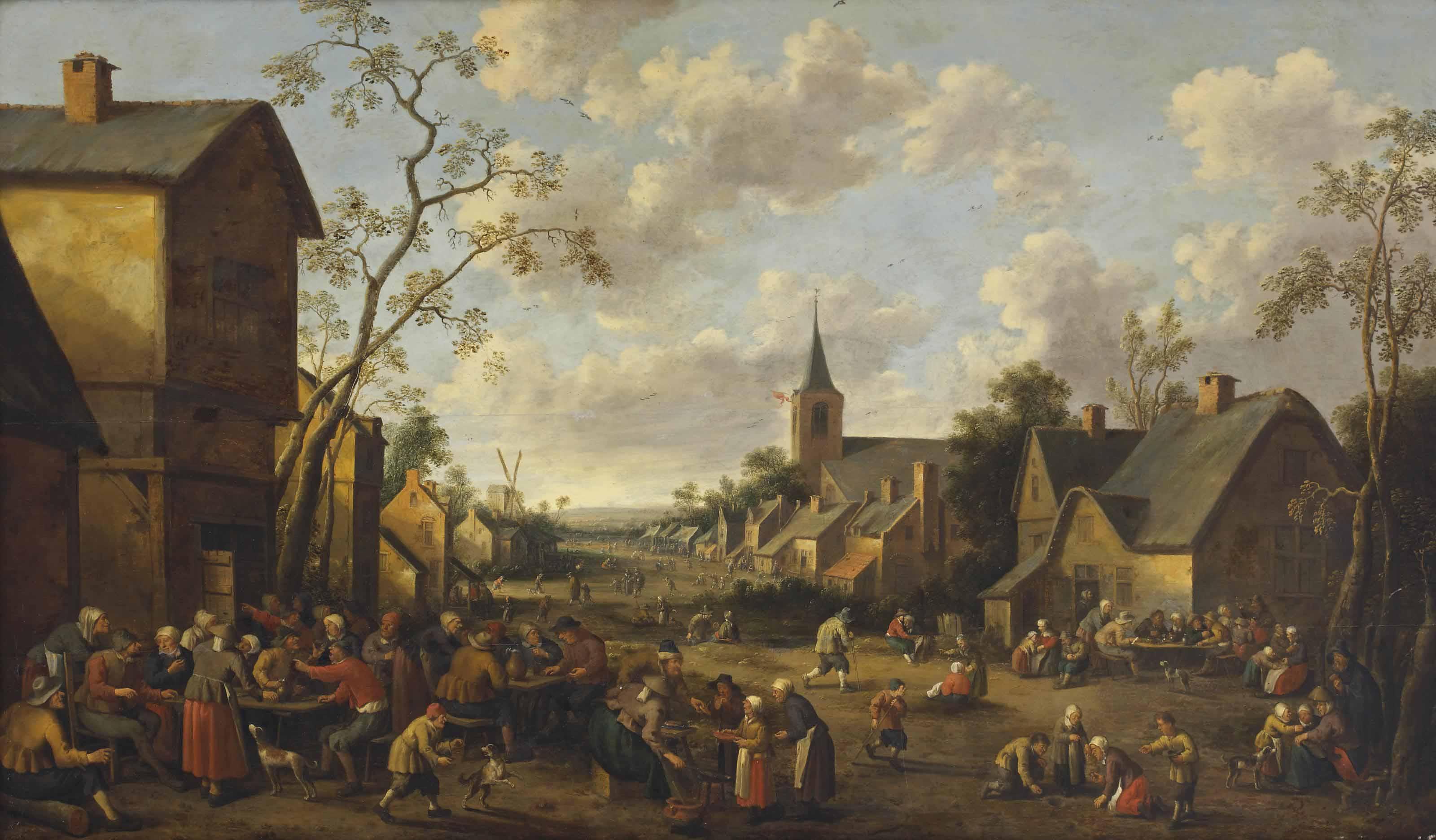 Joost Cornelisz Droochsloot - A village with peasants making merry in a street