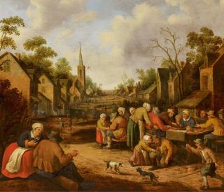 Joost Cornelisz Droochsloot - Ansicht einer belebten Dorfstraße.