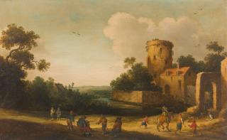 Joost Cornelisz Droochsloot - Belebte Landstraße mit Reiter und Wanderern vor einem Kastell.