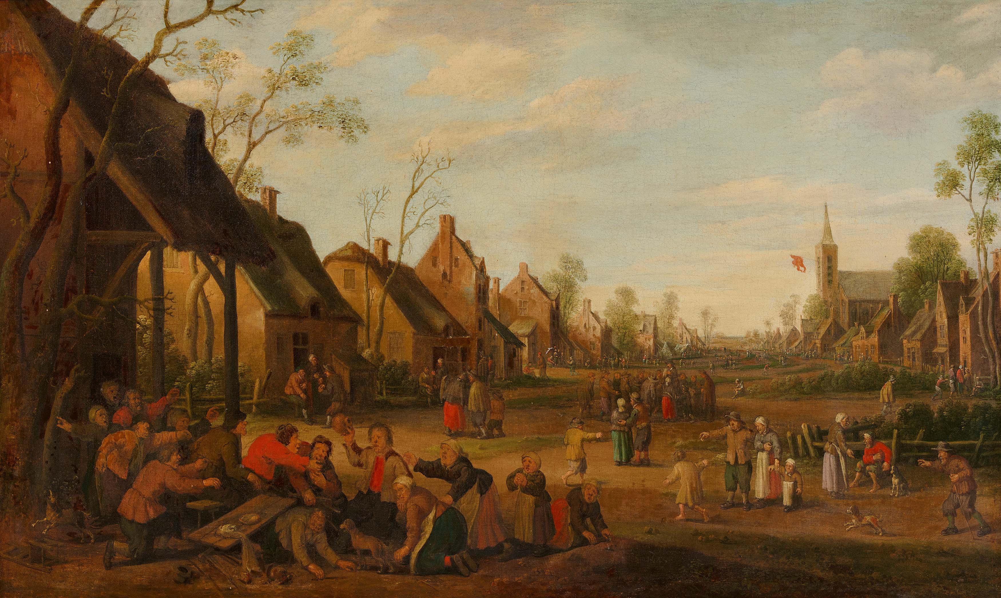 Joost Cornelisz Droochsloot - Dorfansicht mit raufenden Bauern und Quacksalber.