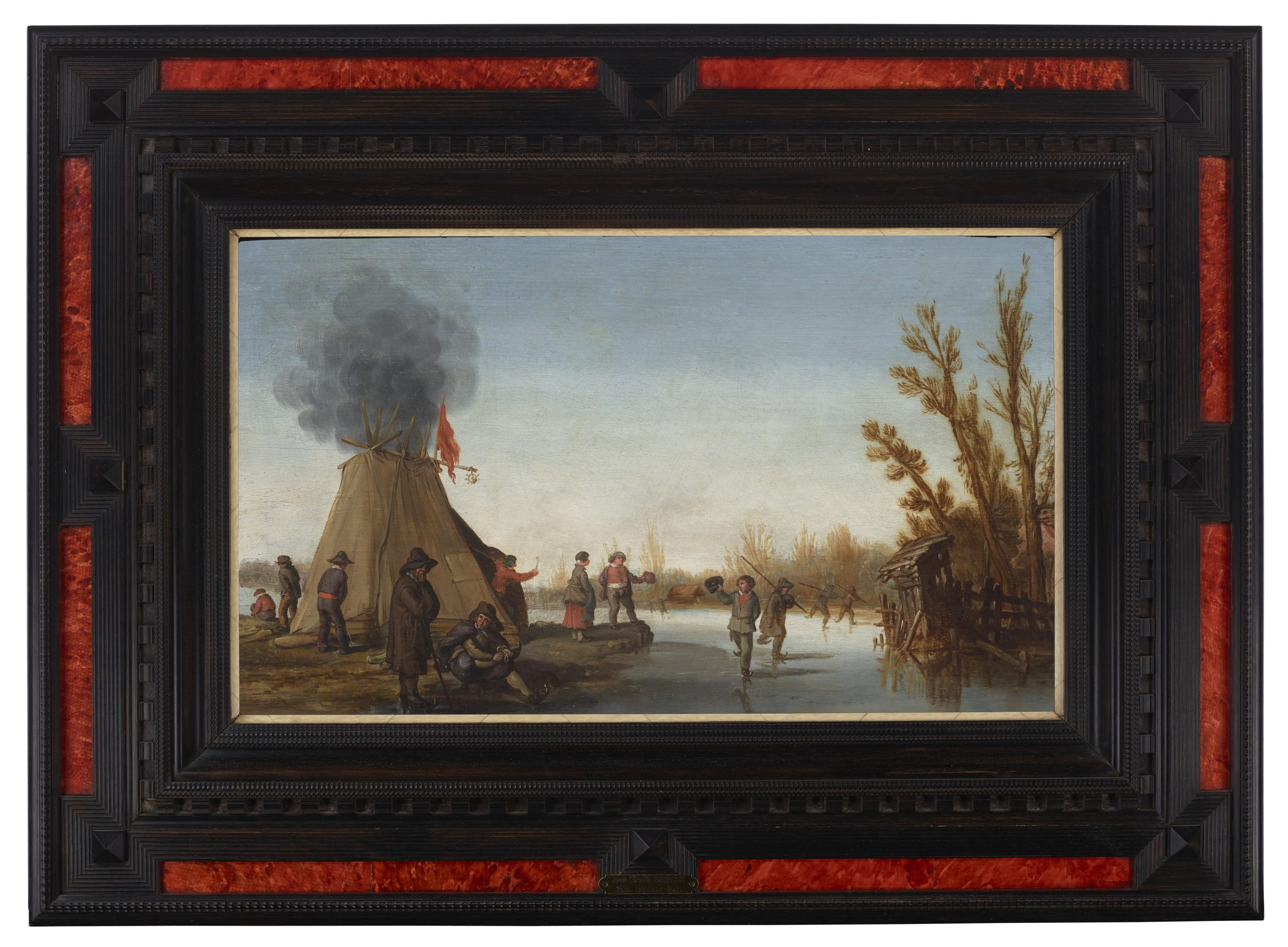 Joost Cornelisz. Droochsloot - Skaters On A Frozen Canal With A Koek-En-Zopie Tent