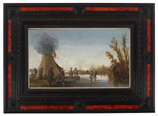 Joost Cornelisz. Droochsloot - Skaters On A Frozen Canal With A Koek-En-Zopie Tent