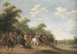 Joost Cornelisz. Drooghsloot - A wooded landscape with a cavalry skirmish