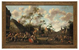 Joost Cornelisz. Droogsloot - A village feast, with a church and landscape beyond