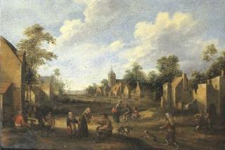 Joost Cornelisz. Droogsloot - A village landscape with travellers and peasants in a street