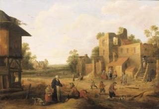 Joost Cornelisz. Droogsloot - A village street with peasants and travellers