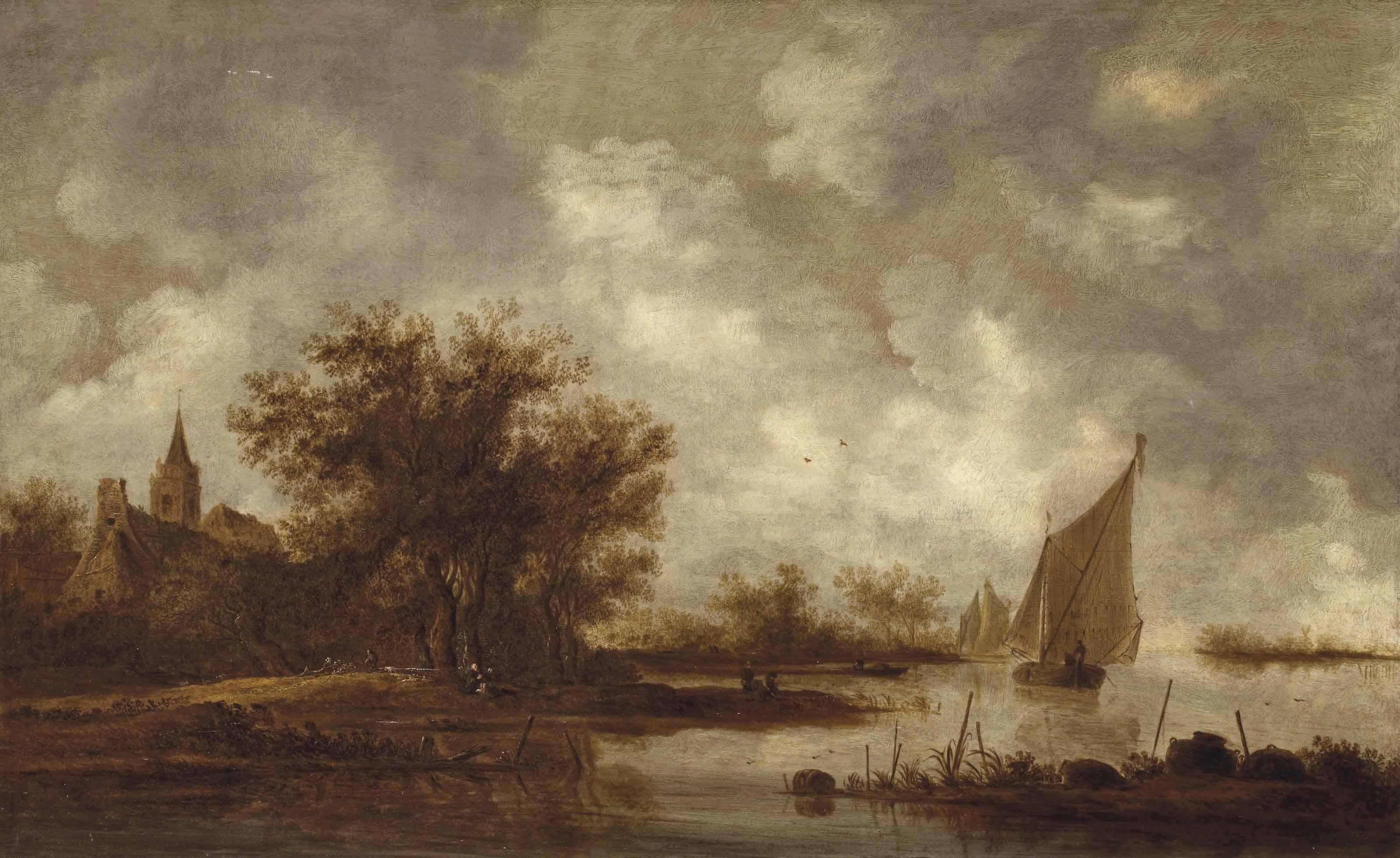 Joost De Volder - A River Landscape With Figures Near The Shore Of A Lake, A Church Beyond