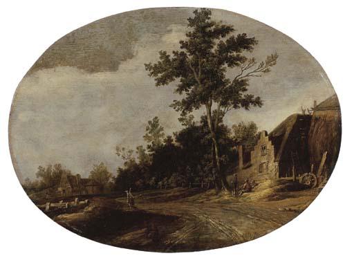 Joost De Volder - A wooded landscape with a sportsman on a path and figures conversing by a farm