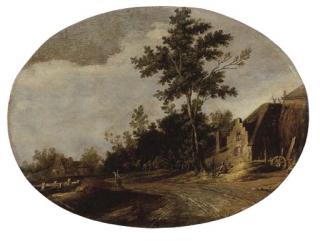 Joost De Volder - A wooded landscape with a sportsman on a path and figures conversing by a farm