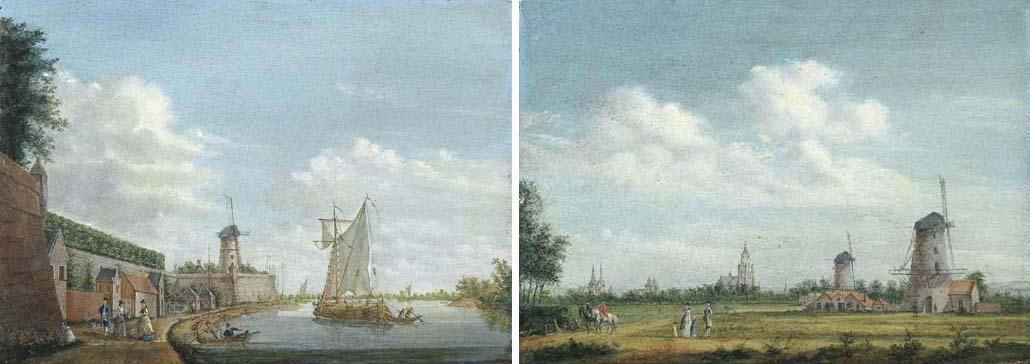 Jordanus Hoorn - A river landscape with elegant townsfolk promenading by a city wall; and A view of Arnhem with the St. Walburgskerk on the left and the Grote Kerk on the right, elegant townsfolk promenading nearby