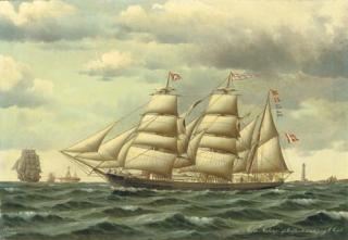 Jorgan Dahl - The Danish barque Maria Aistrup of Frederikshavn under reduced sail off a Danish coast