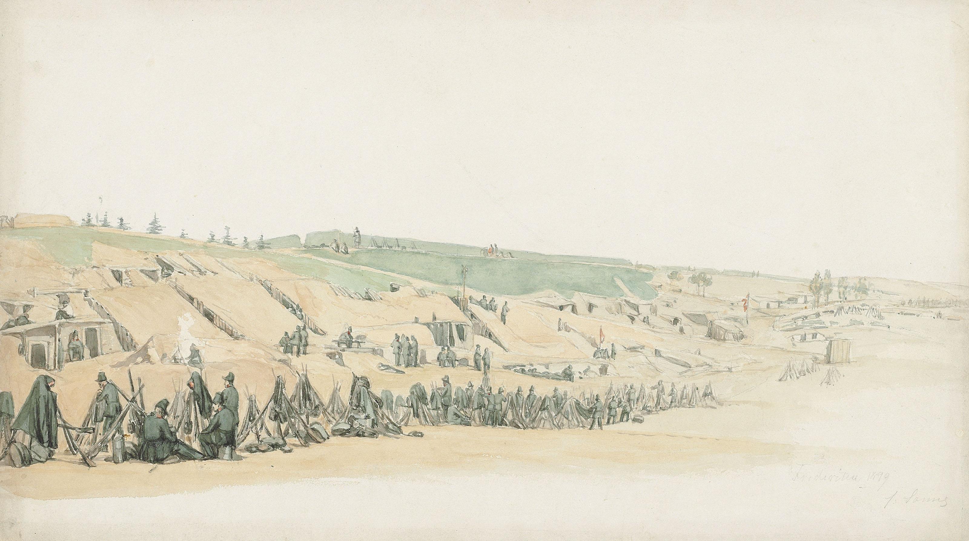Jørgen Sonne - Three studies of soldiers\' fortifications at Dannevirke, Schleswig-Holstein; and View of the encampment at Fredericia
