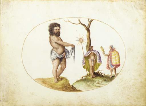 Joris Hoefnagel - A naked savage wearing gold earrings with two figures draped in feathered capes holding a staff with feathers and a parrot: Allegory of America