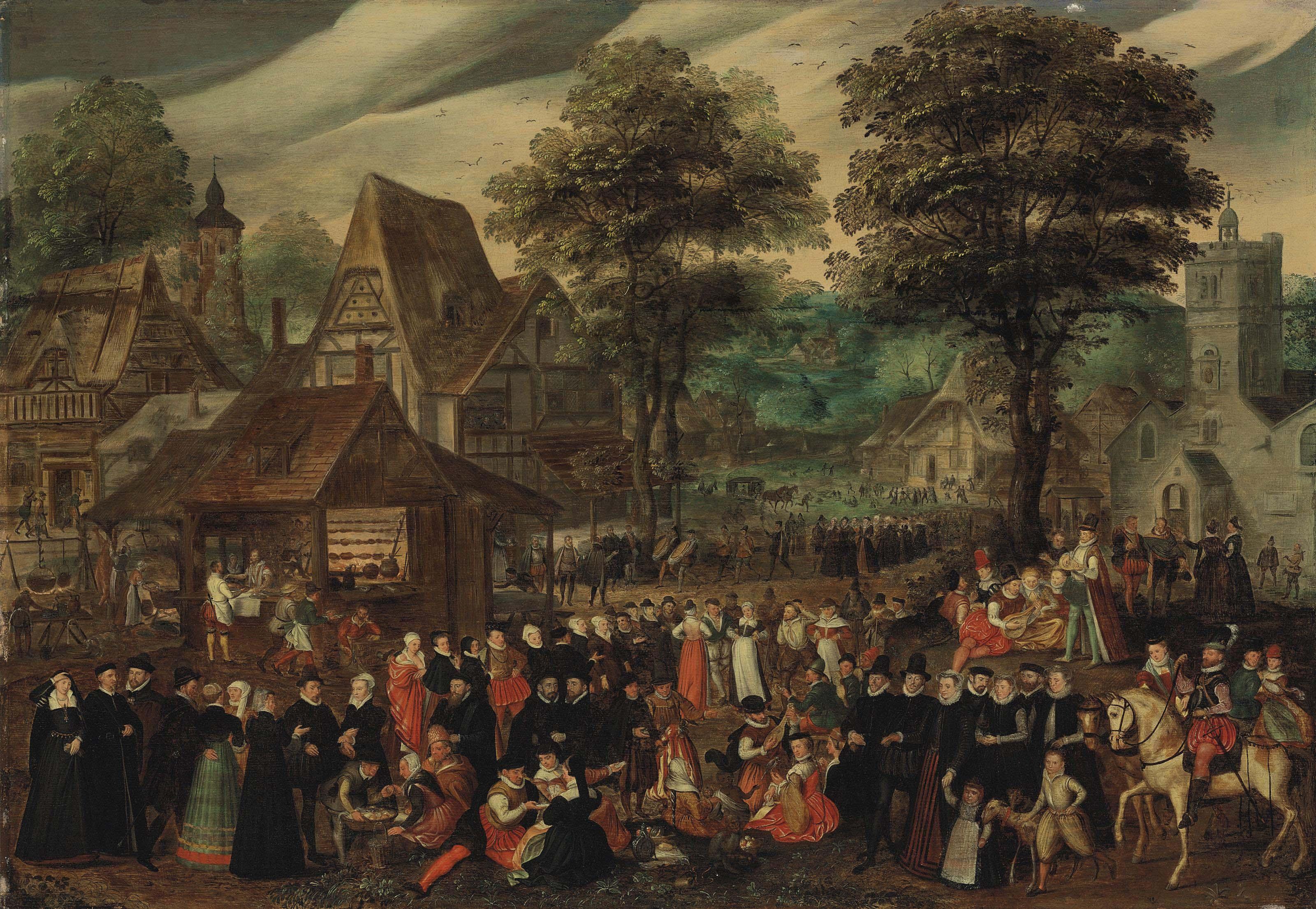 Joris Hoefnagel - A village festival with elegantly dressed figures in procession, a river and tower beyond