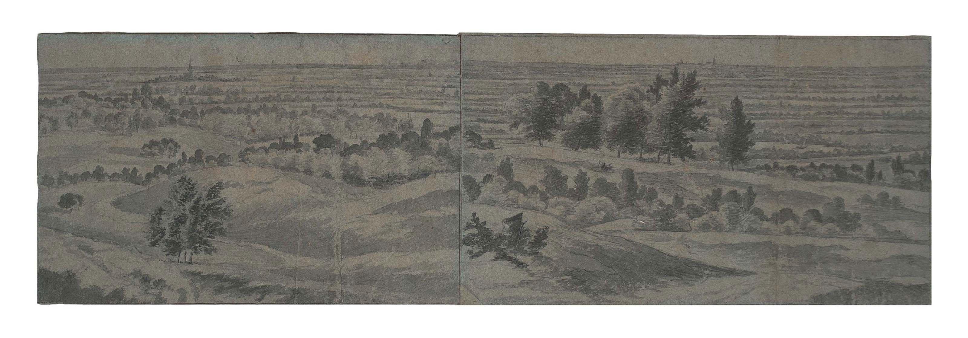 Joris van Der Haagen - A panoramic view in the region of the Betuwe, the town of Elst in the middle-ground and the town of Nijmegen on the horizon to the right