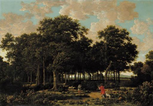 Joris Van Der Haagen - A wooded landscape with a huntsman and a shepherdess