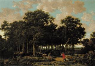 Joris Van Der Haagen - A wooded landscape with a huntsman and a shepherdess