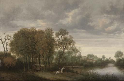 Joris Van der Haagen - A Wooded River Landscape With A Horseman And A Horse And Cart On A Path