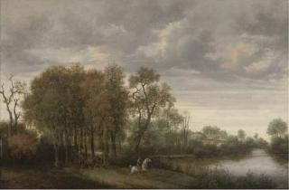 Joris Van der Haagen - A Wooded River Landscape With A Horseman And A Horse And Cart On A Path