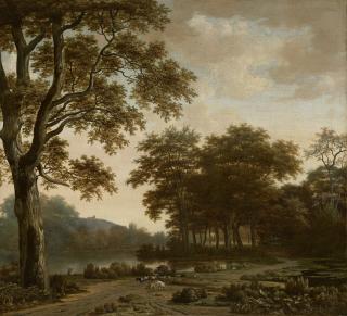 Joris Van Der Haagen - A wooded river landscape with cattle and goats