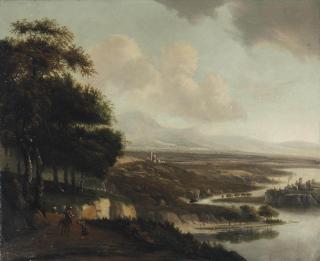 Joris van Der Haagen - An extensive Italianate river landscape with horsemen on a path