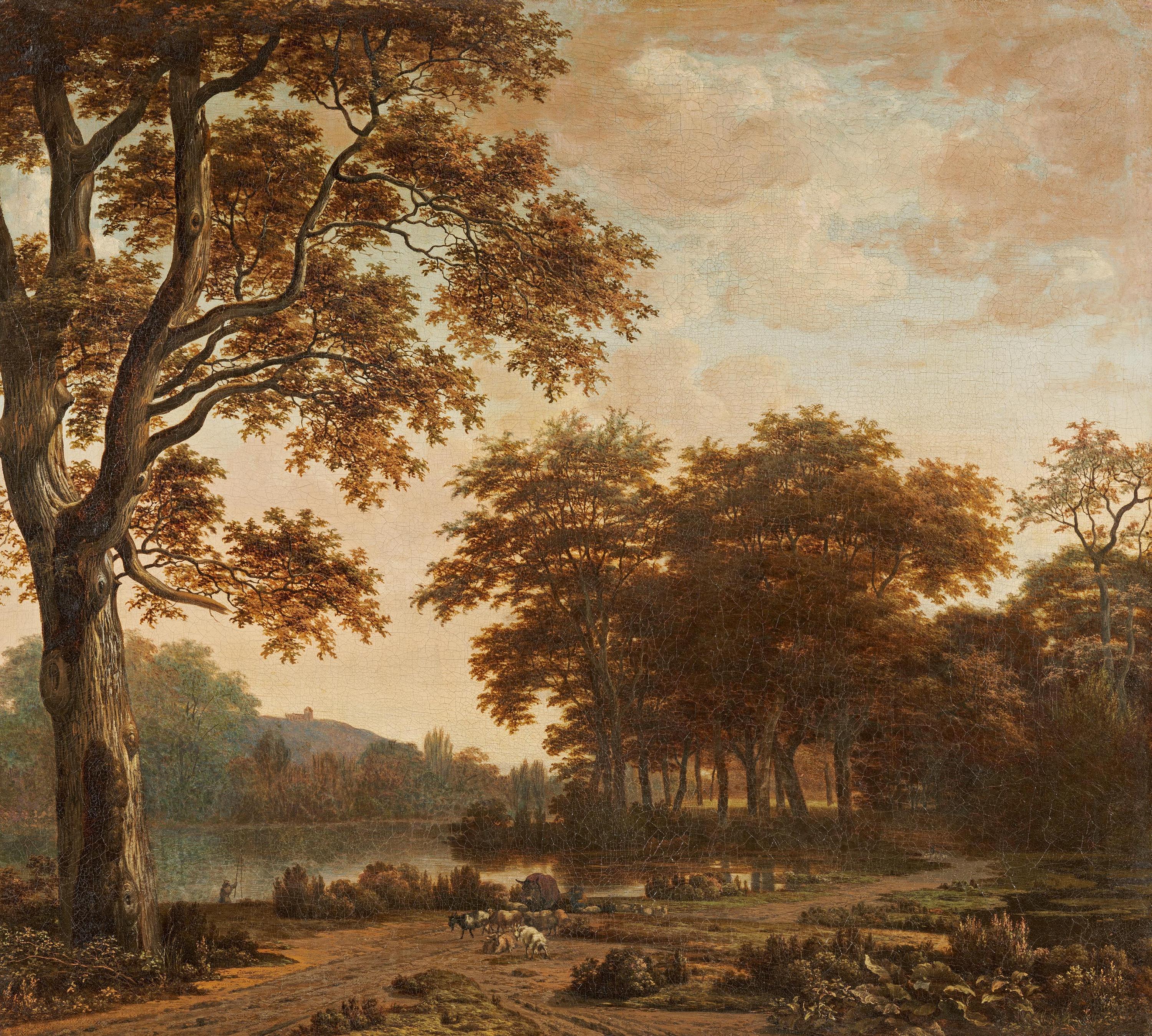 Joris Van Der Hagen - Wald- und Flusslandschaft mit Tierstaffage.