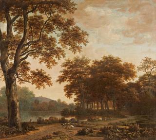 Joris Van Der Hagen - Wald- und Flusslandschaft mit Tierstaffage.