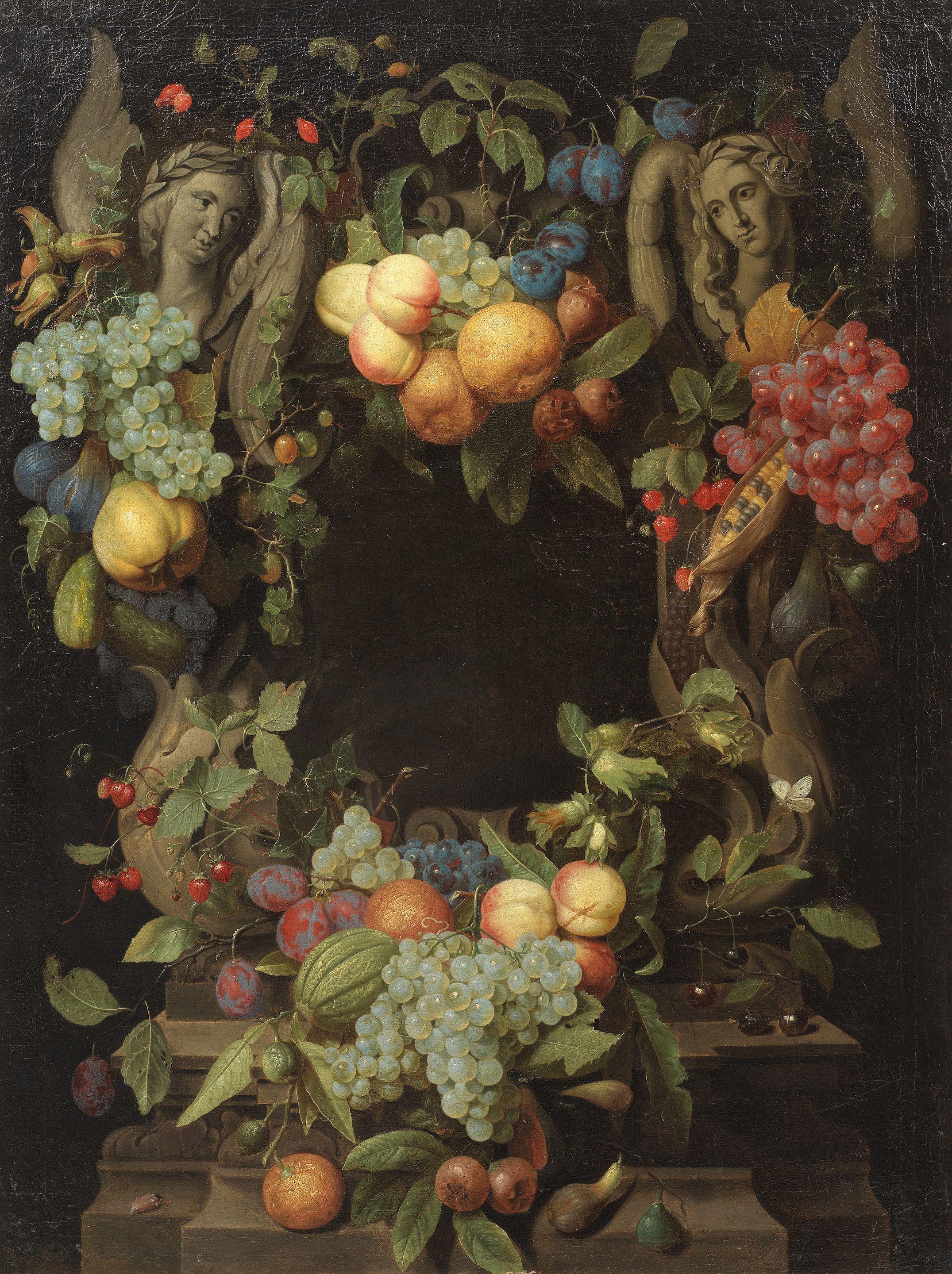 Joris Van Son - A garland of peaches, damsons, grapes, pears, cobb nuts, maize and other fruits and flowers surrounding a stone cartouche with sculpted angels