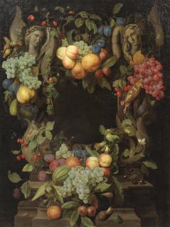 Joris Van Son - A garland of peaches, damsons, grapes, pears, cobb nuts, maize and other fruits and flowers surrounding a stone cartouche with sculpted angels