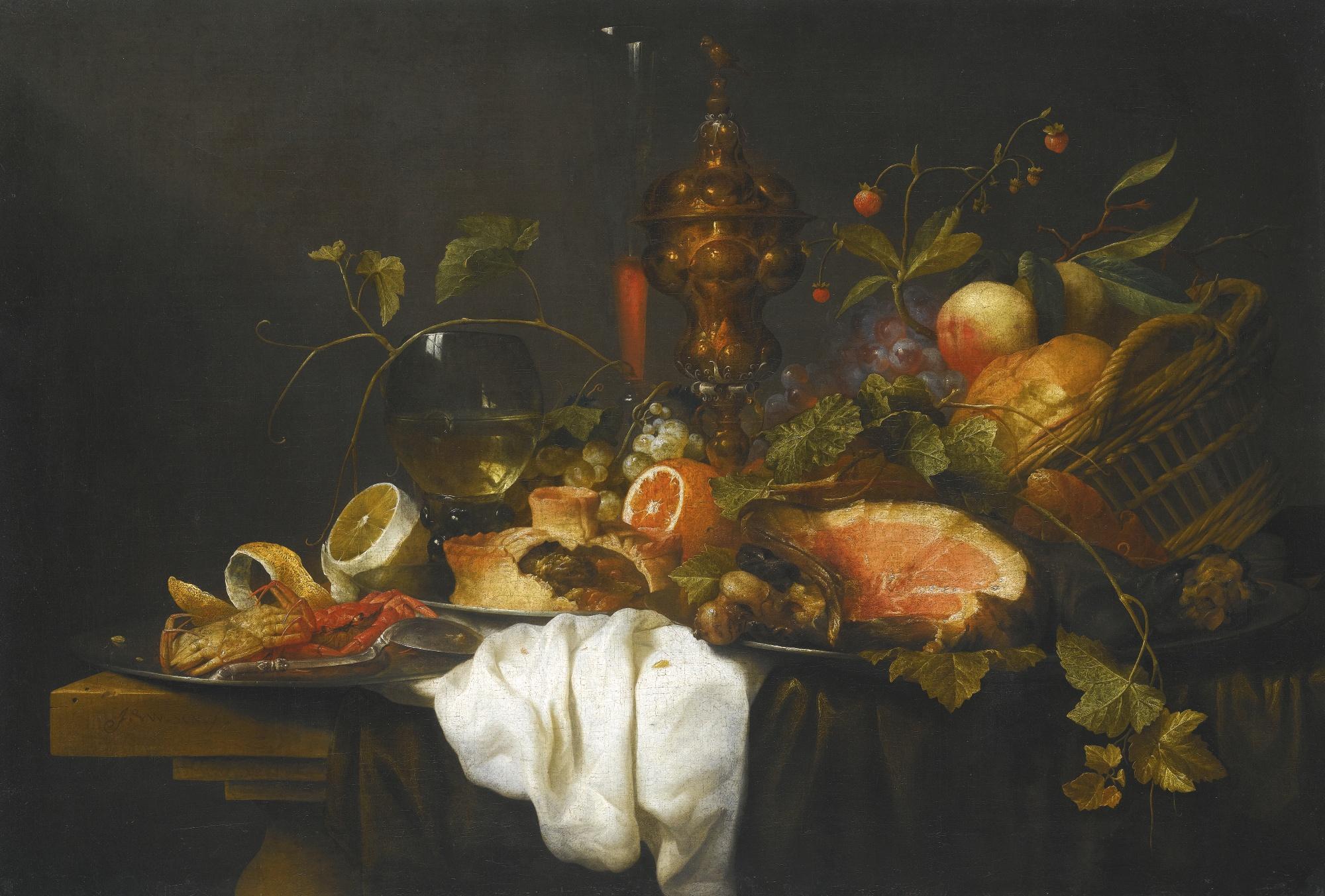 Joris Van Son - A \'Pronk\' Still Life Of Fruits In A Basket Together With A Gilt Goblet, Wine Glass, A Ham, A Pie, Orange, Lemon And A Crab, All Upon A Table Draped With Blue And White Cloths