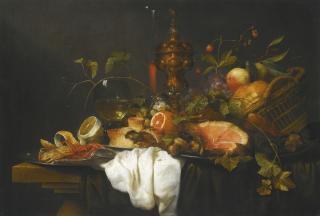 Joris Van Son - A \'Pronk\' Still Life Of Fruits In A Basket Together With A Gilt Goblet, Wine Glass, A Ham, A Pie, Orange, Lemon And A Crab, All Upon A Table Draped With Blue And White Cloths