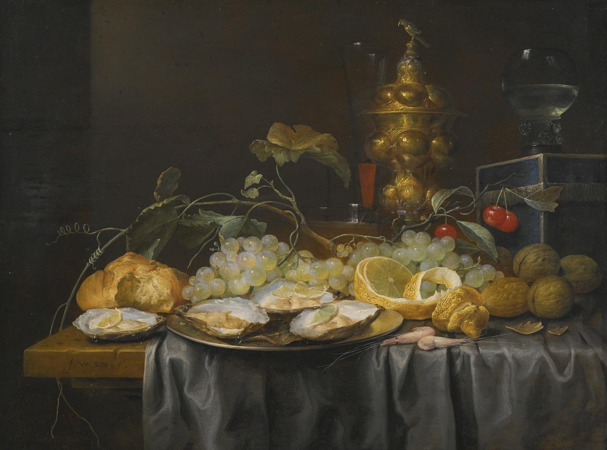Joris Van Son - A \'Pronk\' Still Life Of Grapes, Cherries, Walnuts And A Peeled Lemon, With Oysters On A Pewter Plate, And A Glass Roemer, Wine Glass And Gilt Goblet, All On A Draped Table