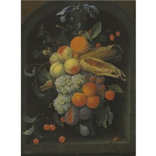 Joris Van Son - A Still Life Of Peaches, Grapes, Figs, Cherries, Apricots And Husks Of Maize Suspended In A Stone Niche From A Spike With A Blue Bow, Together With A Beetle And A Caterpillar