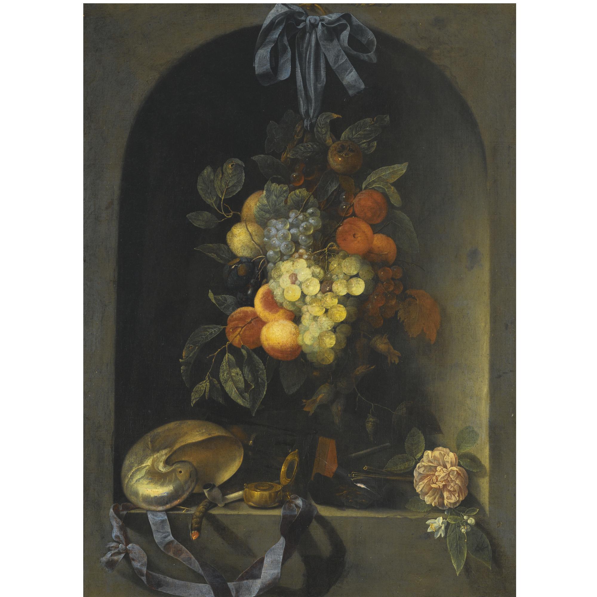 Joris Van Son - A Still Life With Peaches, Pomegranate, Grapes, And Plums, A Nautilus Shell, A Lit Taper, A Clay Pipe And A Compass Resting On A Ledge In A Niche