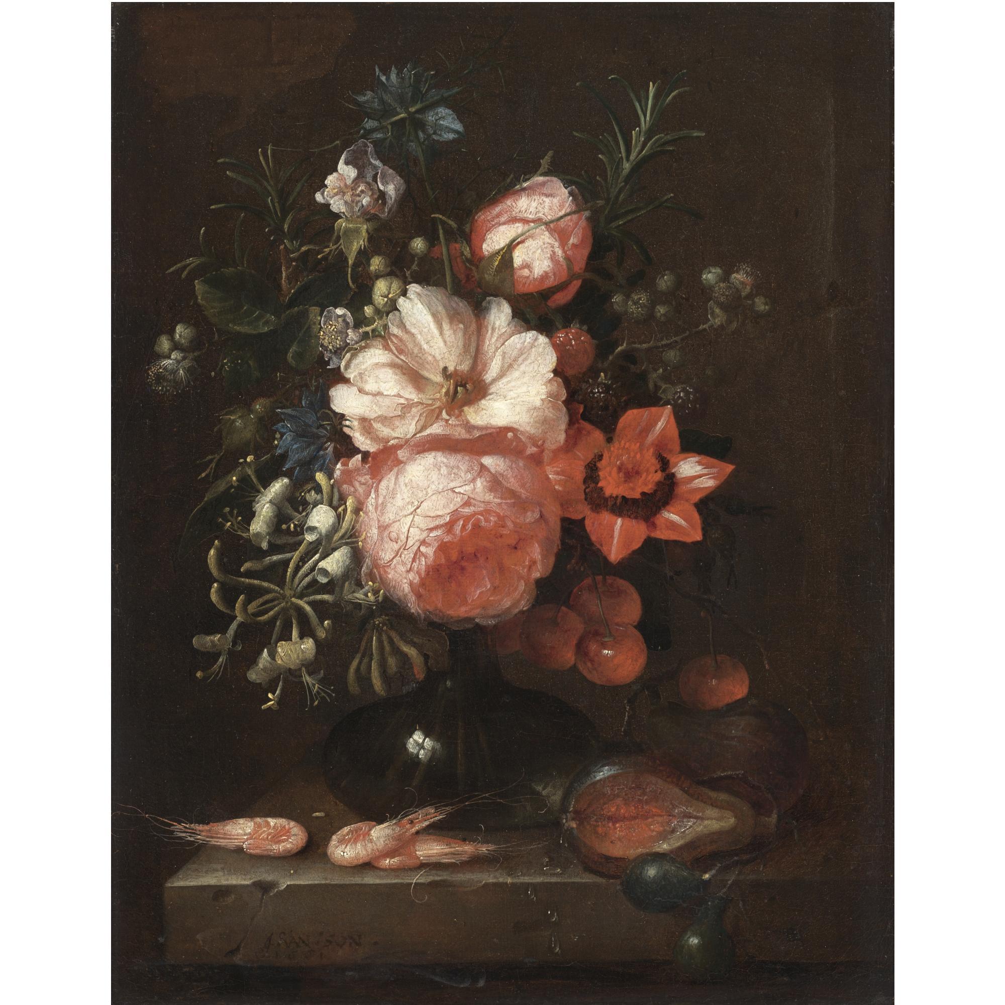 Joris van Son - A Still Life With Roses, Honeysuckle, Other Flowers And Summer Fruits In A Glass Vase, Shrimps On The Stone Ledge Below
