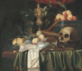 Joris Van Son - A vanitas still-life with a skull, a pistol, a lute with broken strings, a flute, shells, peaches, figs, bread and an urn on a partly draped ledge