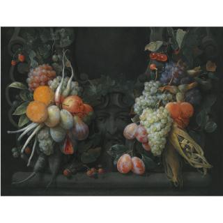 Joris Van Son - Grapes And Other Fruits And Maize Surrounding A Stone Cartouche With A Sculpted Head