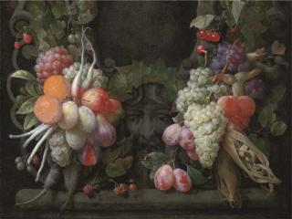 Joris van Son - Grapes, gooseberries, blackberries, figs, oranges, plums, radishes, asparagus, maize, cherries and other fruits surrounding a stone cartouche with a sculpted head