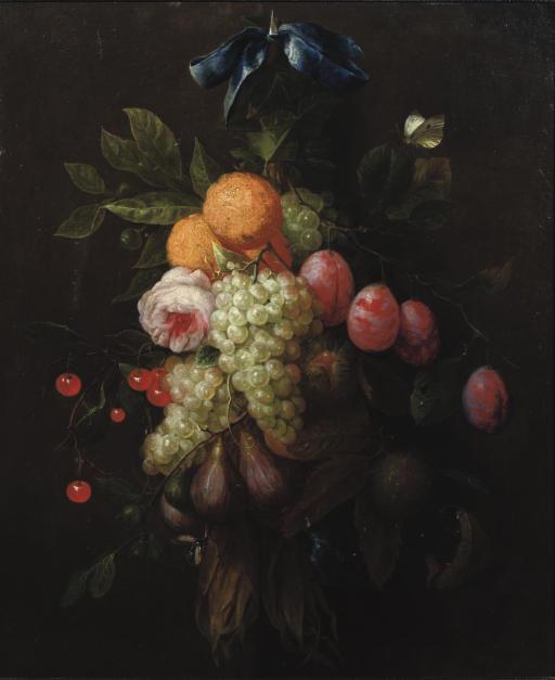Joris Van Son - Oranges, prunes, cherries, figs, grapes, and a rose hanging from a blue ribbon tied to a nail, with a butterfly and other insects nearby