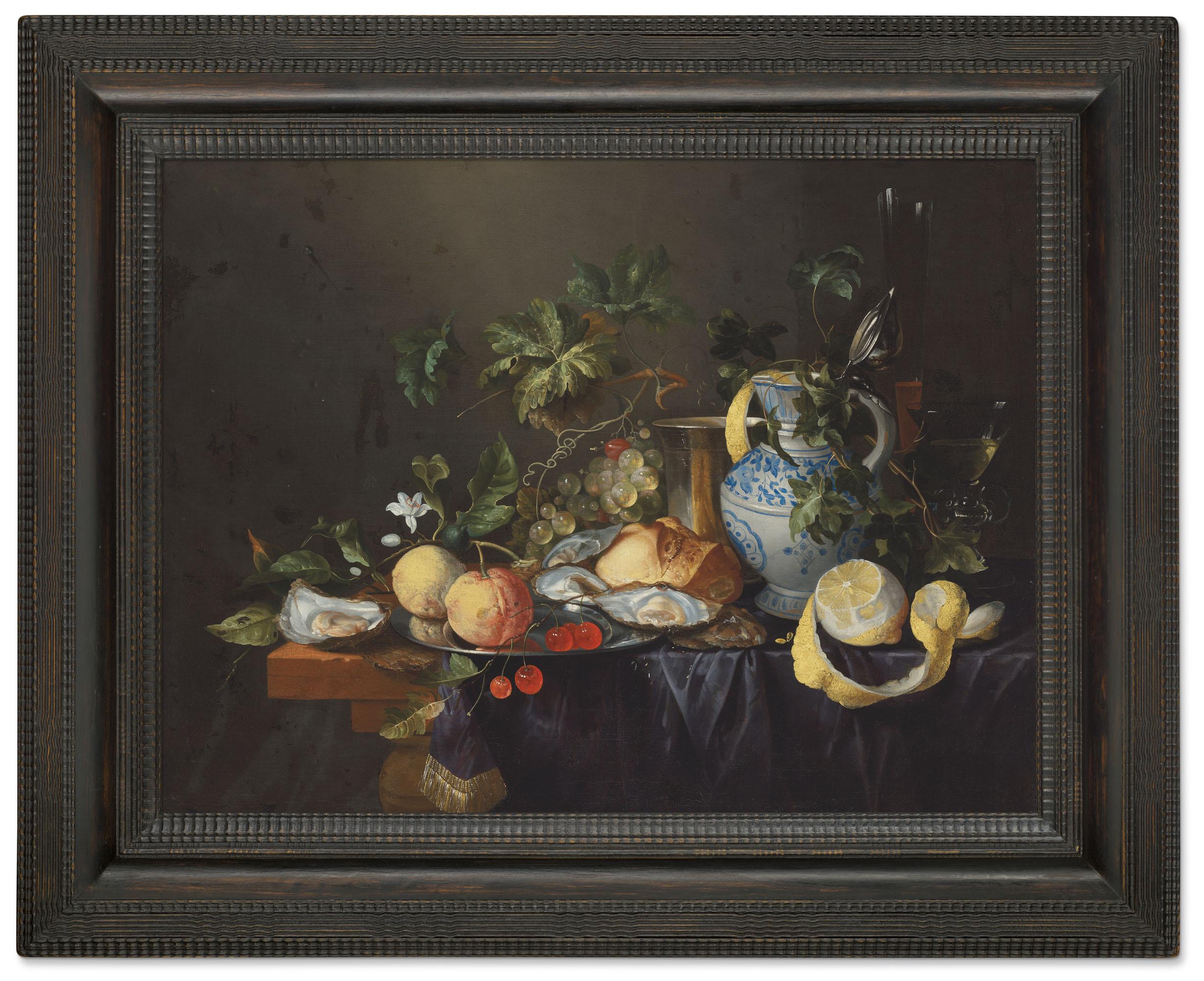 Joris Van Son - Oysters, grapes, lemons, an orange, cherries and a loaf with silverwear, glasses and a delft vase on a draped table