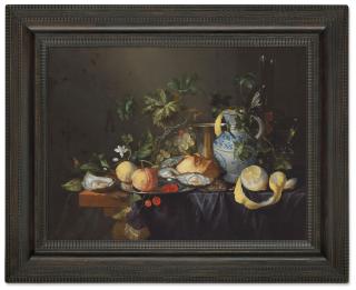Joris Van Son - Oysters, grapes, lemons, an orange, cherries and a loaf with silverwear, glasses and a delft vase on a draped table